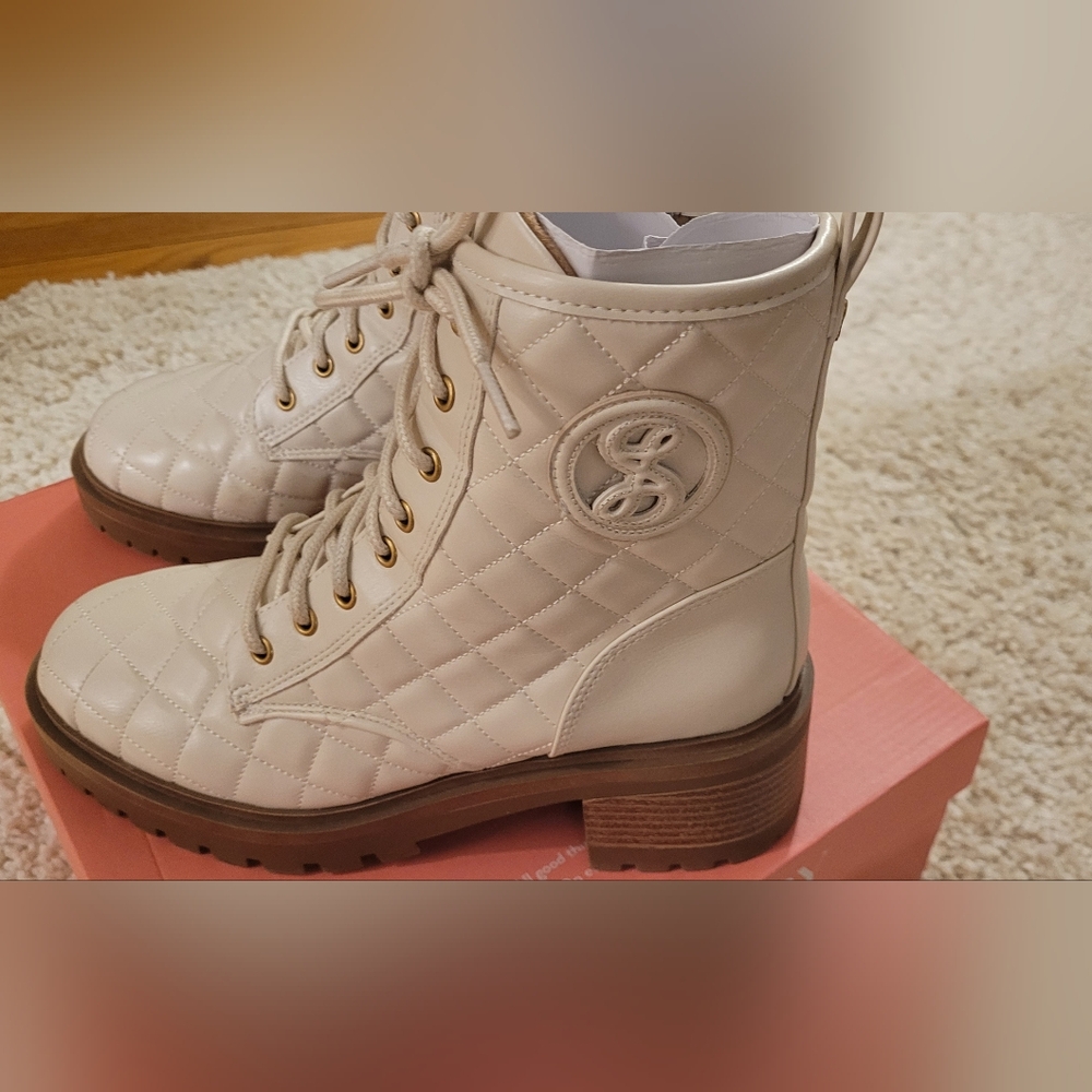 Sam & Libby Cream Quilted Lace-Up Ankle Boots with Lug Sole